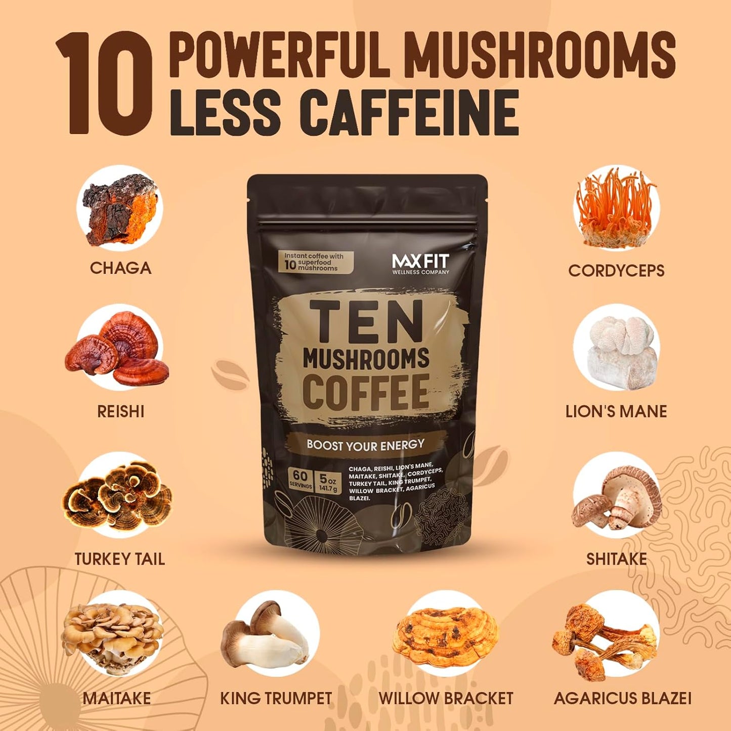 Mushroom Coffee Organic (60 Servings) 10 Mushrooms (Lion’S Mane, Cordyceps, Turkey Tail & Other) Mixed with Gourmet Arabica Instant Immune Boosting Coffee for Focus & Gut Health Support