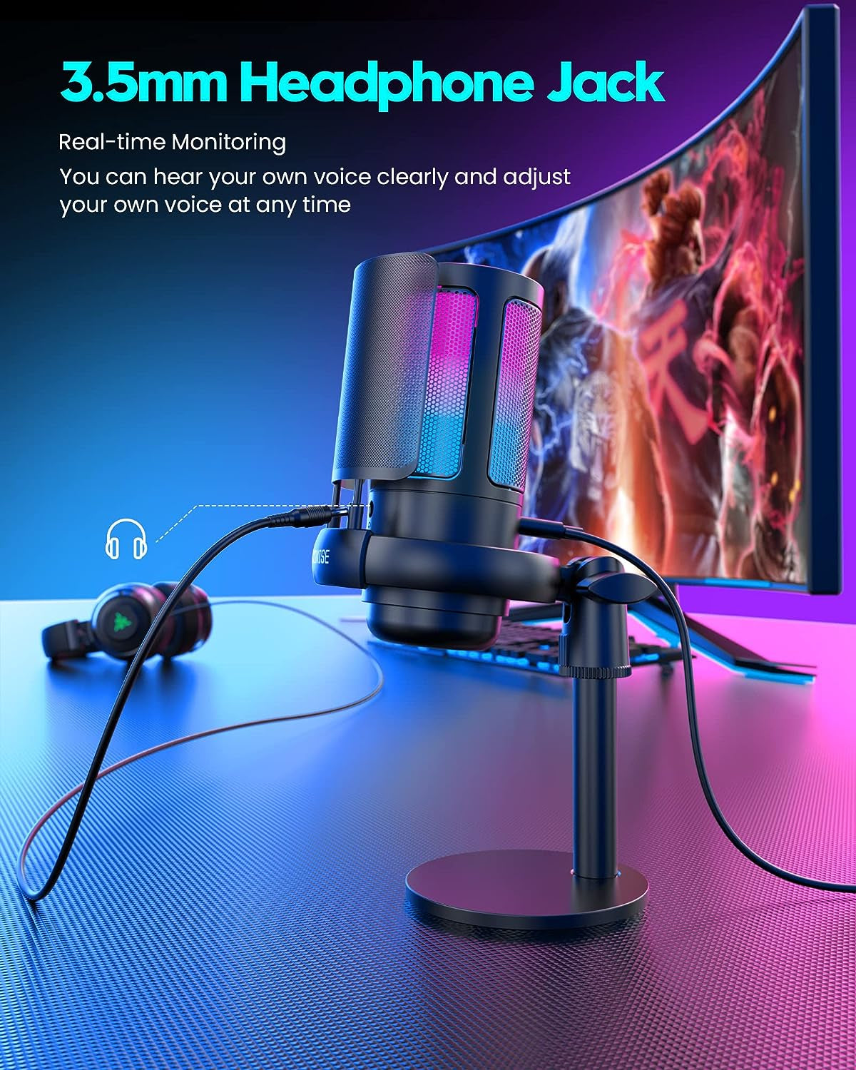 Gaming Microphone, USB PC Mic for Podcasts Videos, Streaming, Condenser Mic with Quick Mute, Tripod Stand, Pop Filter, RGB Indicator, Shock Mount, Rotate Gain Button, Compatible with PS4/5/PC