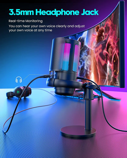 Gaming Microphone, USB PC Mic for Podcasts Videos, Streaming, Condenser Mic with Quick Mute, Tripod Stand, Pop Filter, RGB Indicator, Shock Mount, Rotate Gain Button, Compatible with PS4/5/PC