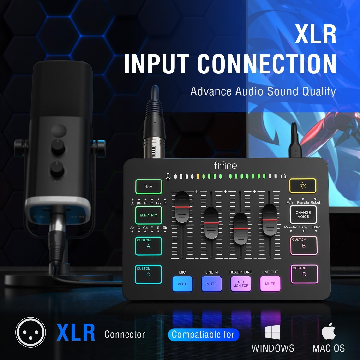 Gaming Audio Mixer, Streaming RGB PC Mixer with XLR Microphone Interface, Individual Control, Volume Fader, Mute Button, 48V Phantom Power, for Podcast/Recording/Vocal/Game Voice-Ampligame SC3