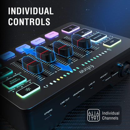 Gaming Audio Mixer, Streaming RGB PC Mixer with XLR Microphone Interface, Individual Control, Volume Fader, Mute Button, 48V Phantom Power, for Podcast/Recording/Vocal/Game Voice-Ampligame SC3