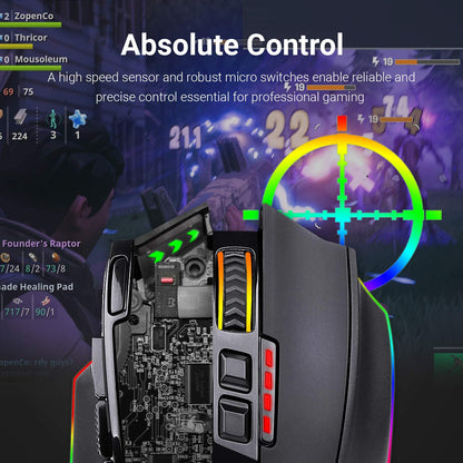 M801 Wireless Gaming Mouse, RGB Gaming Mouse with MMO 9 Programmable Macro Editing Buttons, up 16000 Adjustable DPI, Rapid Fire Button for Game, Windows,Pc - Wireless, Black