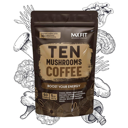 Mushroom Coffee Organic (60 Servings) 10 Mushrooms (Lion’S Mane, Cordyceps, Turkey Tail & Other) Mixed with Gourmet Arabica Instant Immune Boosting Coffee for Focus & Gut Health Support