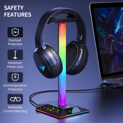 Gaming Headphone Stand PC Accessories - RGB Headset Stand with 2 USB Charger, Cool LED Headphone Holder PC Gaming Accessories Gift for Boys Men Gamers, Computer Game Hardware for Desk