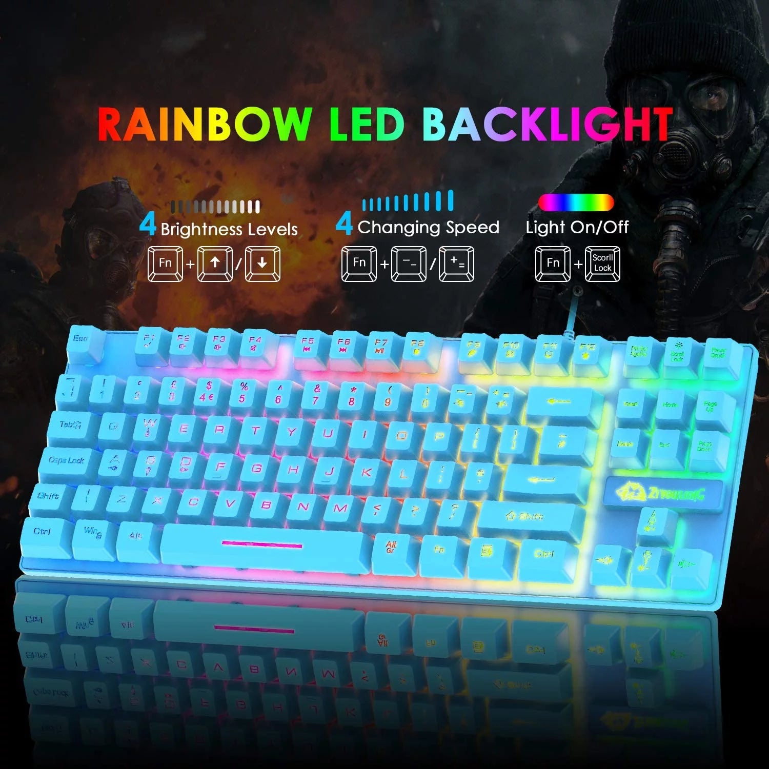 Gaming Keyboard and Mouse Combo, 88 Keys Compact Rainbow Backlit Mechanical Touch Keyboard, RGB Backlit 6400 DPI Lightweight Gaming Mouse with Honeycomb Case for Windows PC Gamers (Blue)