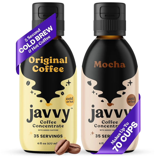 Javvy Cold Brew Coffee Concentrate Bundle, 2 Flavor Original & Mocha Coffee Variety Pack, Ice & Cold Coffee Drinks in Seconds, Coffee Gifts, 12 Ounces