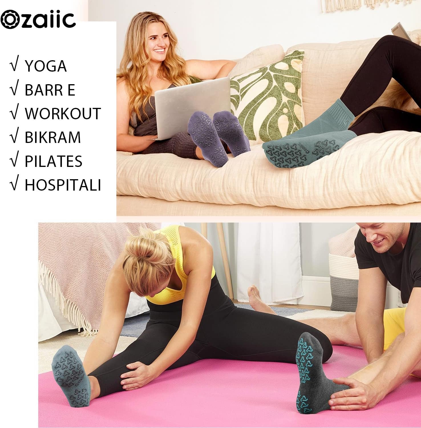 Non Slip Socks Grip for Yoga Home Workout Pure Barre, Pilates, Hospital, Ideal Cushion Socks for Men and Women