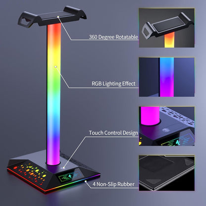 Gaming Headphone Stand PC Accessories - RGB Headset Stand with 2 USB Charger, Cool LED Headphone Holder PC Gaming Accessories Gift for Boys Men Gamers, Computer Game Hardware for Desk