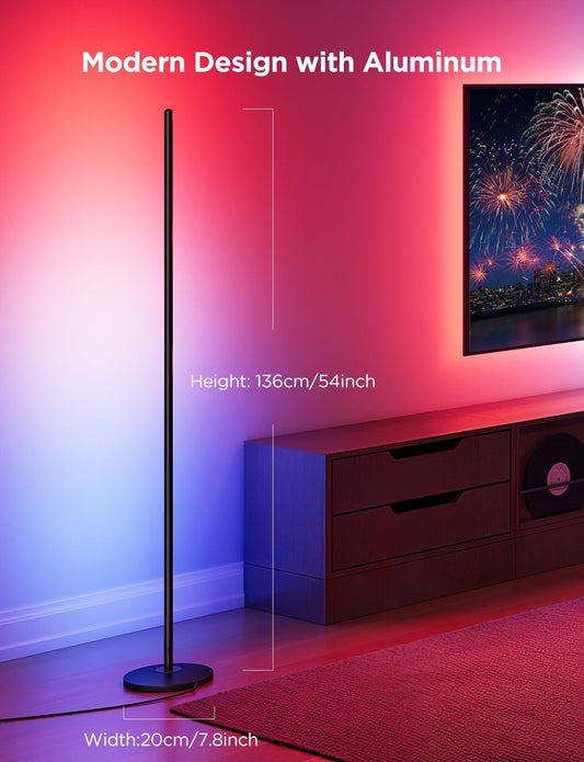 RGBIC Floor Lamp, LED Corner Lamp Works with Alexa, 1000 Lumen Smart Modern Floor Lamp with Music Sync and 16 Million DIY Colors, Color Changing Standing Floor Lamp for Bedroom Living Room Black