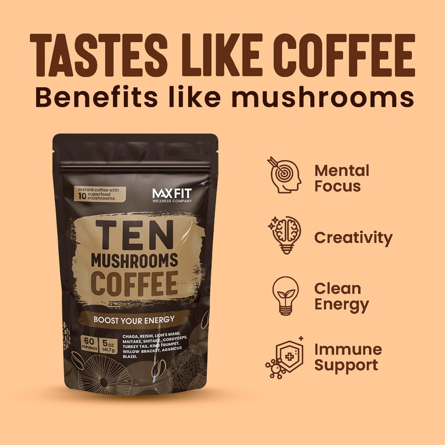 Mushroom Coffee Organic (60 Servings) 10 Mushrooms (Lion’S Mane, Cordyceps, Turkey Tail & Other) Mixed with Gourmet Arabica Instant Immune Boosting Coffee for Focus & Gut Health Support