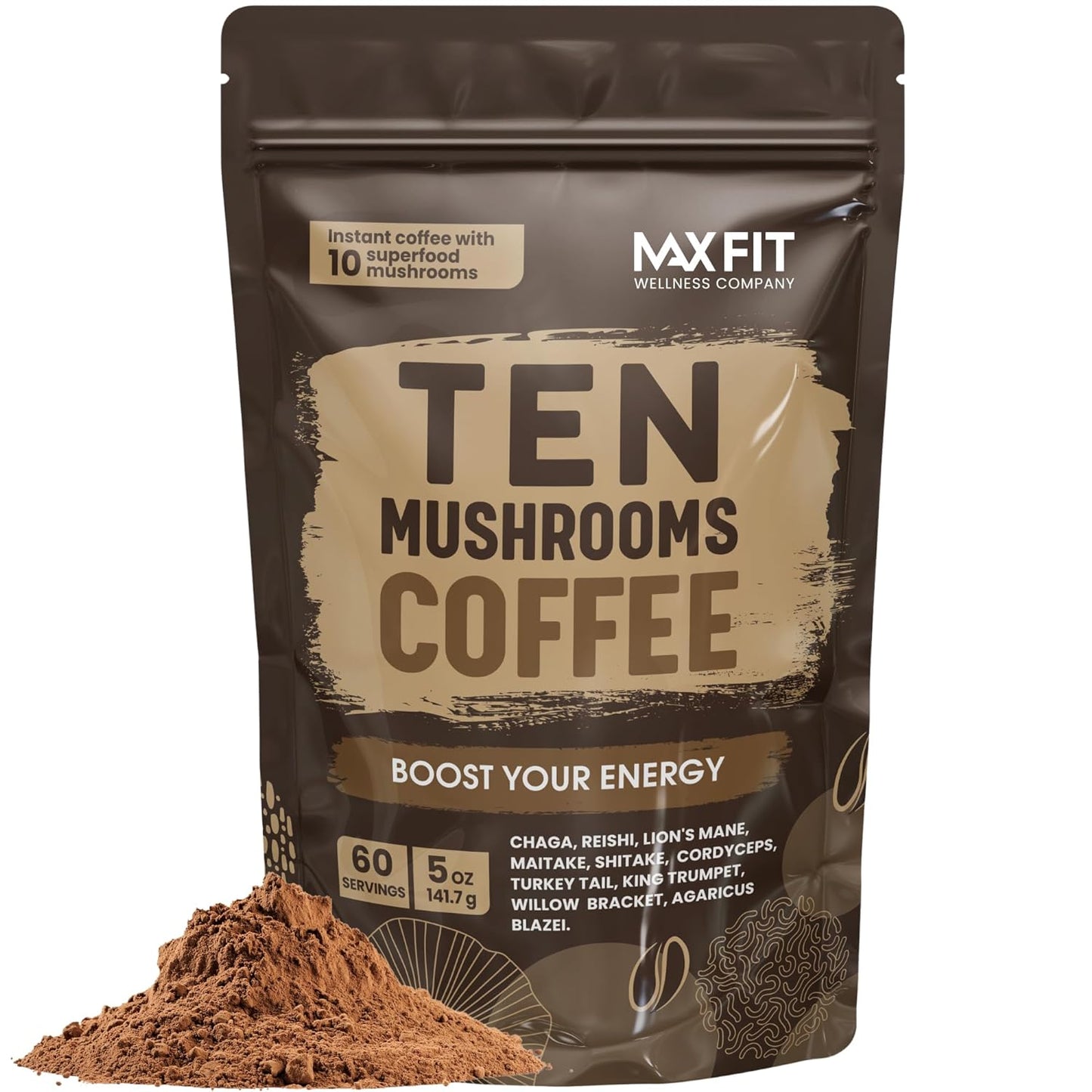 Mushroom Coffee Organic (60 Servings) 10 Mushrooms (Lion’S Mane, Cordyceps, Turkey Tail & Other) Mixed with Gourmet Arabica Instant Immune Boosting Coffee for Focus & Gut Health Support