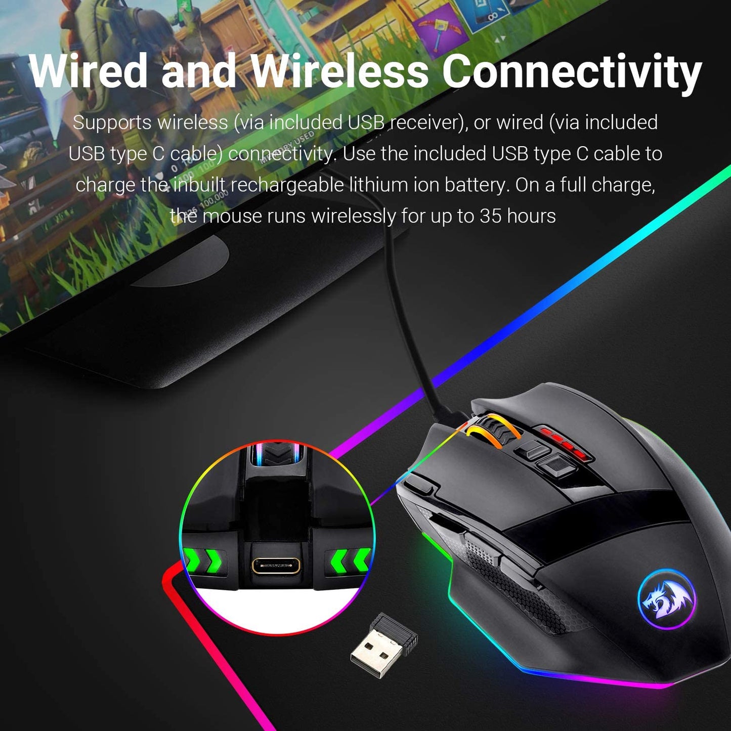 M801 Wireless Gaming Mouse, RGB Gaming Mouse with MMO 9 Programmable Macro Editing Buttons, up 16000 Adjustable DPI, Rapid Fire Button for Game, Windows,Pc - Wireless, Black