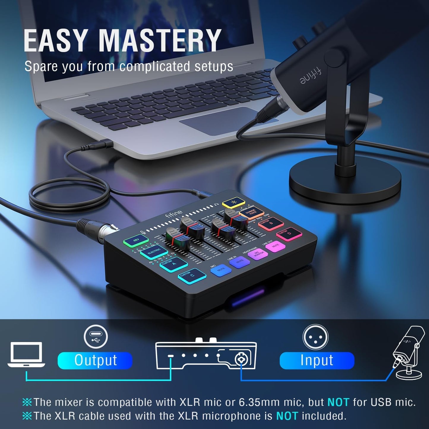 Gaming Audio Mixer, Streaming RGB PC Mixer with XLR Microphone Interface, Individual Control, Volume Fader, Mute Button, 48V Phantom Power, for Podcast/Recording/Vocal/Game Voice-Ampligame SC3