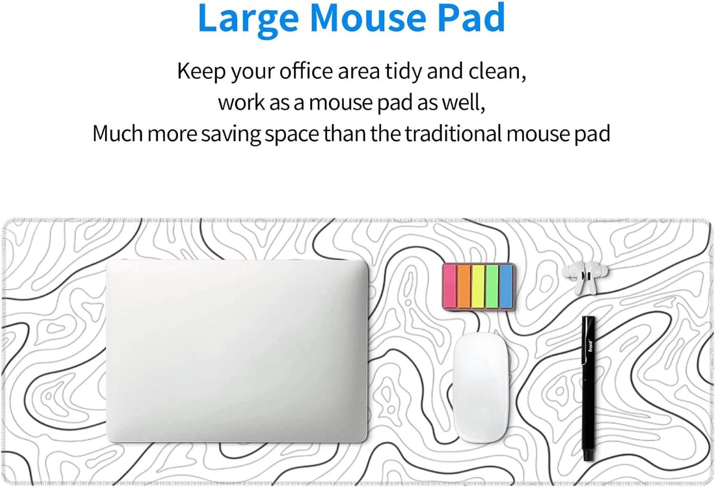 Abstract Topographic Map White Grey Black Gaming Mouse Pad Long Mouse Pad Large Desk Mat 31.5 X 11.8 Inch Mousepad with Non-Slip Base Stitched Edge Keyboard Mat for Gaming Office