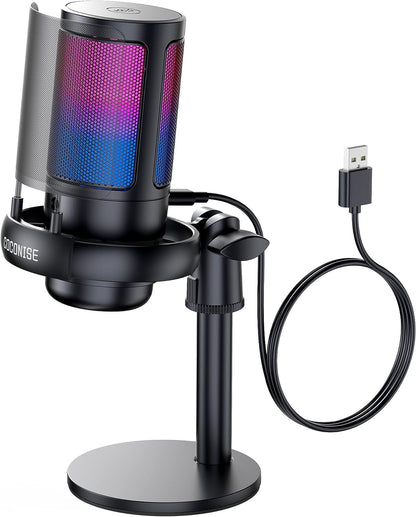 Gaming Microphone, USB PC Mic for Podcasts Videos, Streaming, Condenser Mic with Quick Mute, Tripod Stand, Pop Filter, RGB Indicator, Shock Mount, Rotate Gain Button, Compatible with PS4/5/PC