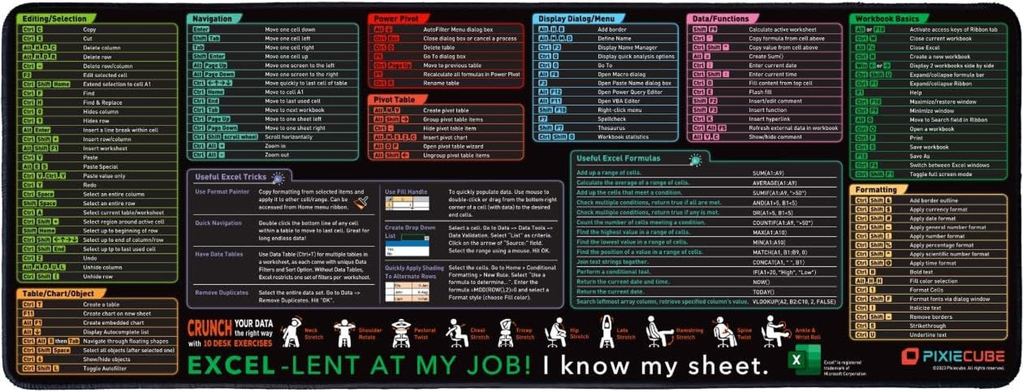 Excel Shortcut Keys Mouse Pad - Extended Large XL Cheat Sheet Gaming Mousepad | PC Office Spreadsheet Keyboard Mat | Non-Slip Stitched Edge