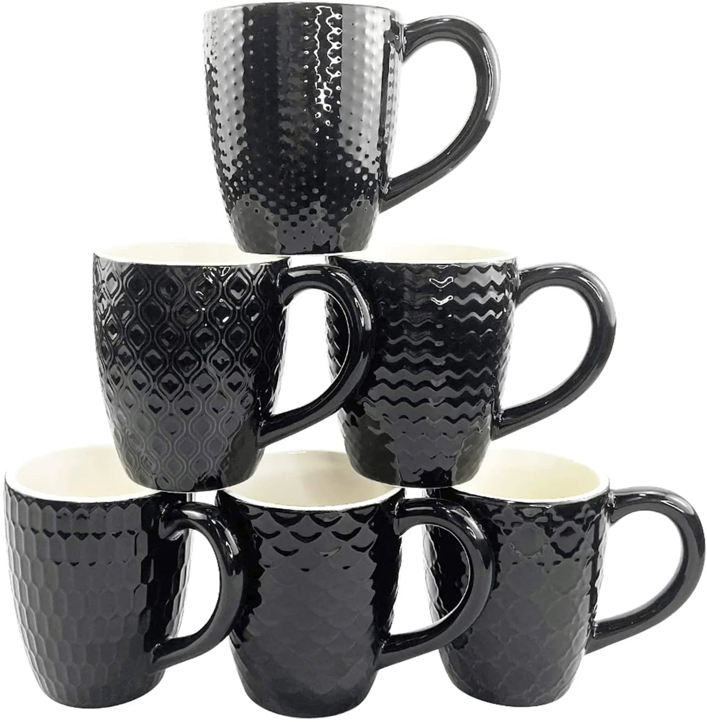 6 Pack Coffee Mug Set Embossed Design, Coffee Cup for Water, Coffee, Milk,Ceramic, Black, 11.8 Fl Oz