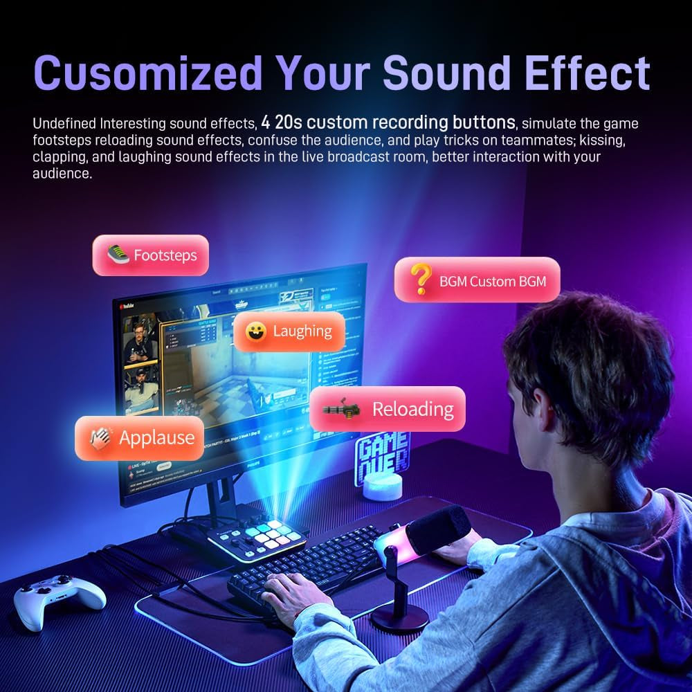 Gaming Audio Mixer, Audio Interface with Pro-Preamp, RGB, Bluetooth, 48V Phantom Power for Live Streaming, Podcasting, Content Create, Gaming caster G1 NEO (Not for USB Mic)