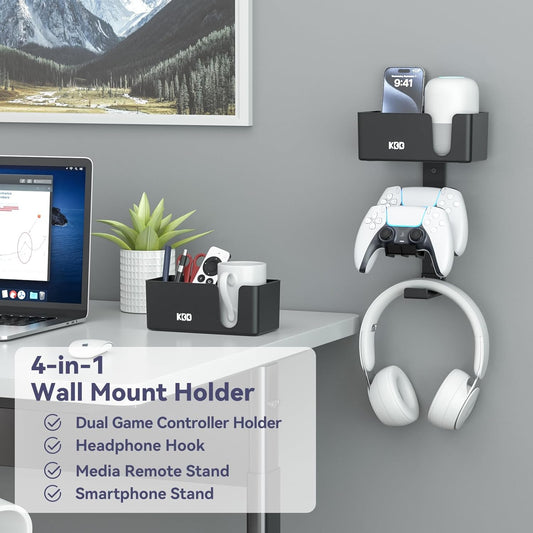 4-In-1 Wall Mount Headphone Stand - Dual Controller Holder with Cup Holder - Detachable Pen Holder Storage for Cup, Media Remote, Phone and Speaker