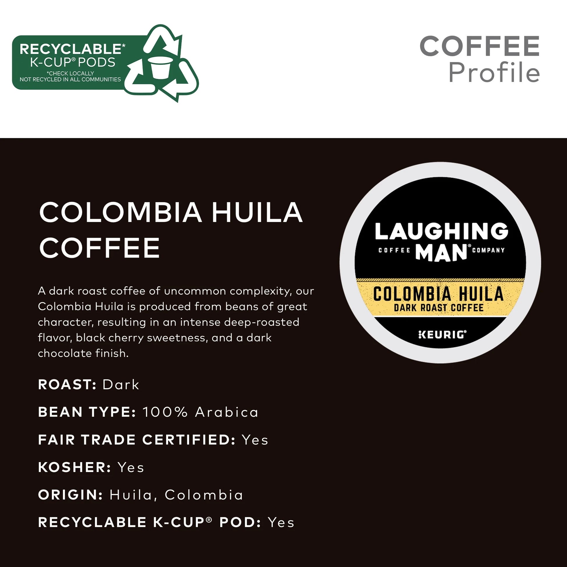 Colombia Huila Coffee,  K-Cup Pod, Dark Roast, 22Ct