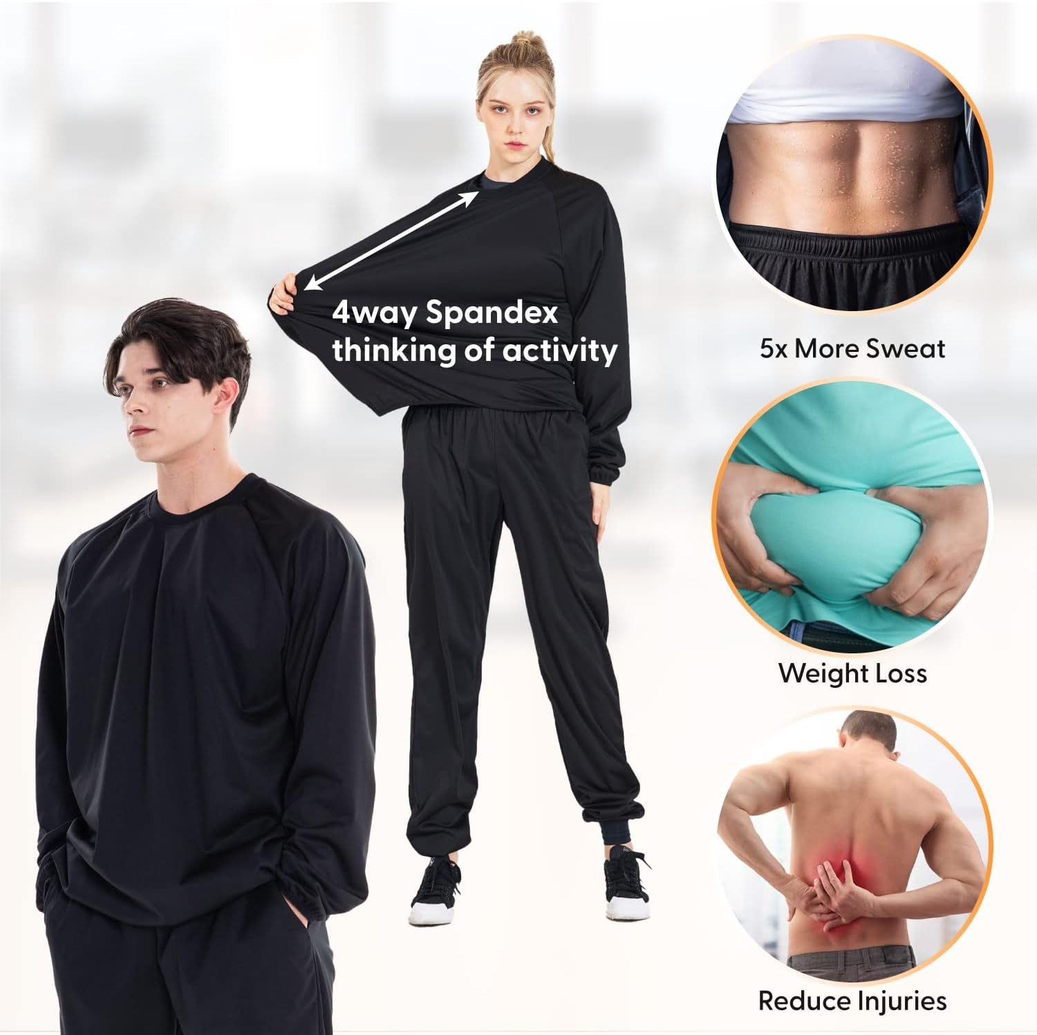 Sauna Suit for Men and Women, Oeko-Tex Certified Sweat Suit Gym Exercise Fitness Weight Loss, Top Pants, Black