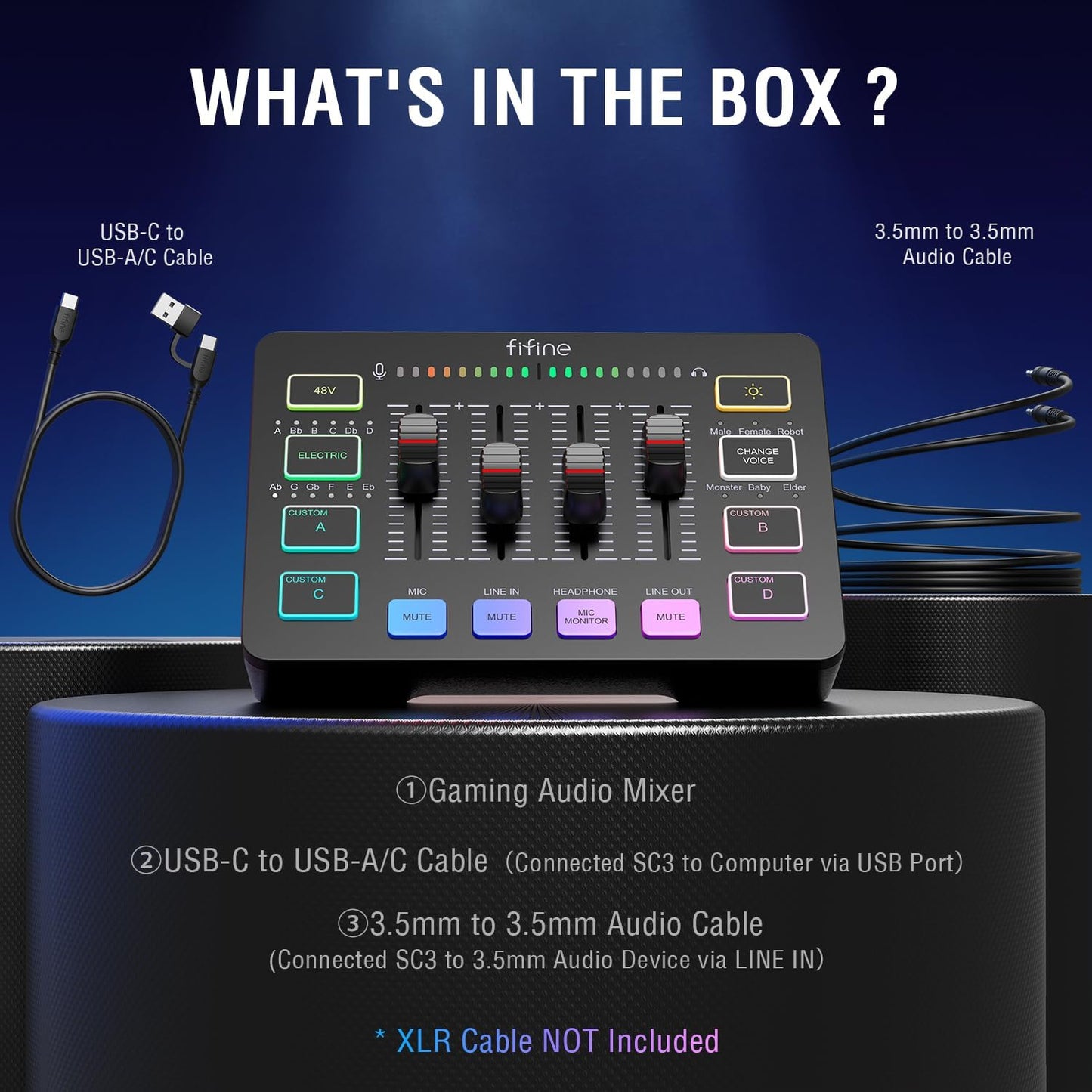 Gaming Audio Mixer, Streaming RGB PC Mixer with XLR Microphone Interface, Individual Control, Volume Fader, Mute Button, 48V Phantom Power, for Podcast/Recording/Vocal/Game Voice-Ampligame SC3