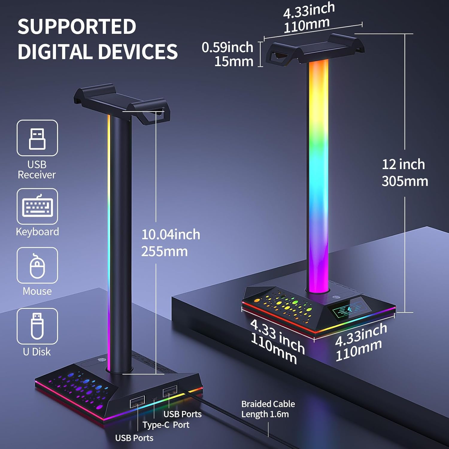 Gaming Headphone Stand PC Accessories - RGB Headset Stand with 2 USB Charger, Cool LED Headphone Holder PC Gaming Accessories Gift for Boys Men Gamers, Computer Game Hardware for Desk