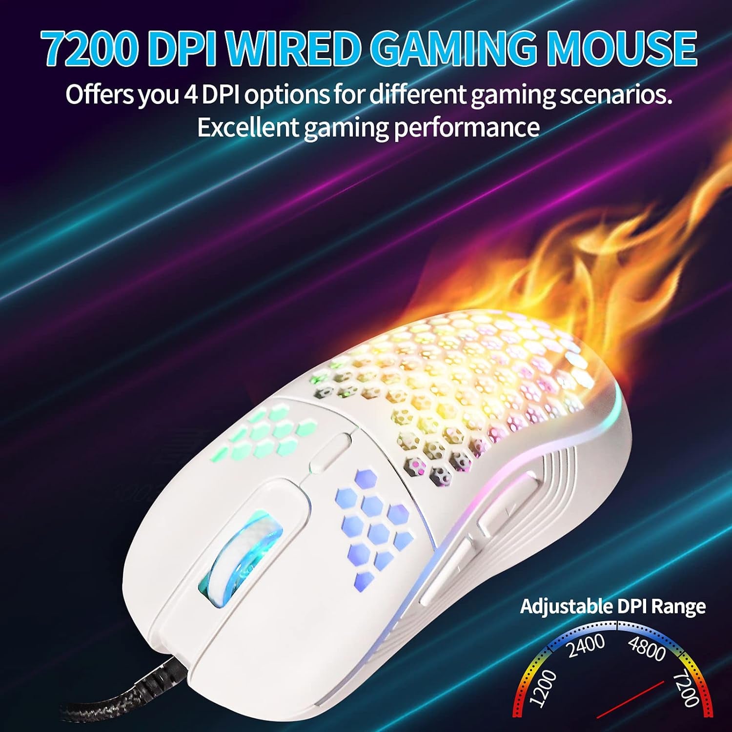 Honeycomb Wired Gaming Mouse, RGB Backlight and 7200 Adjustable DPI, Ergonomic and Lightweight USB Computer Mouse with High Precision Sensor for Windows PC & Laptop Gamers (Ceramic White)