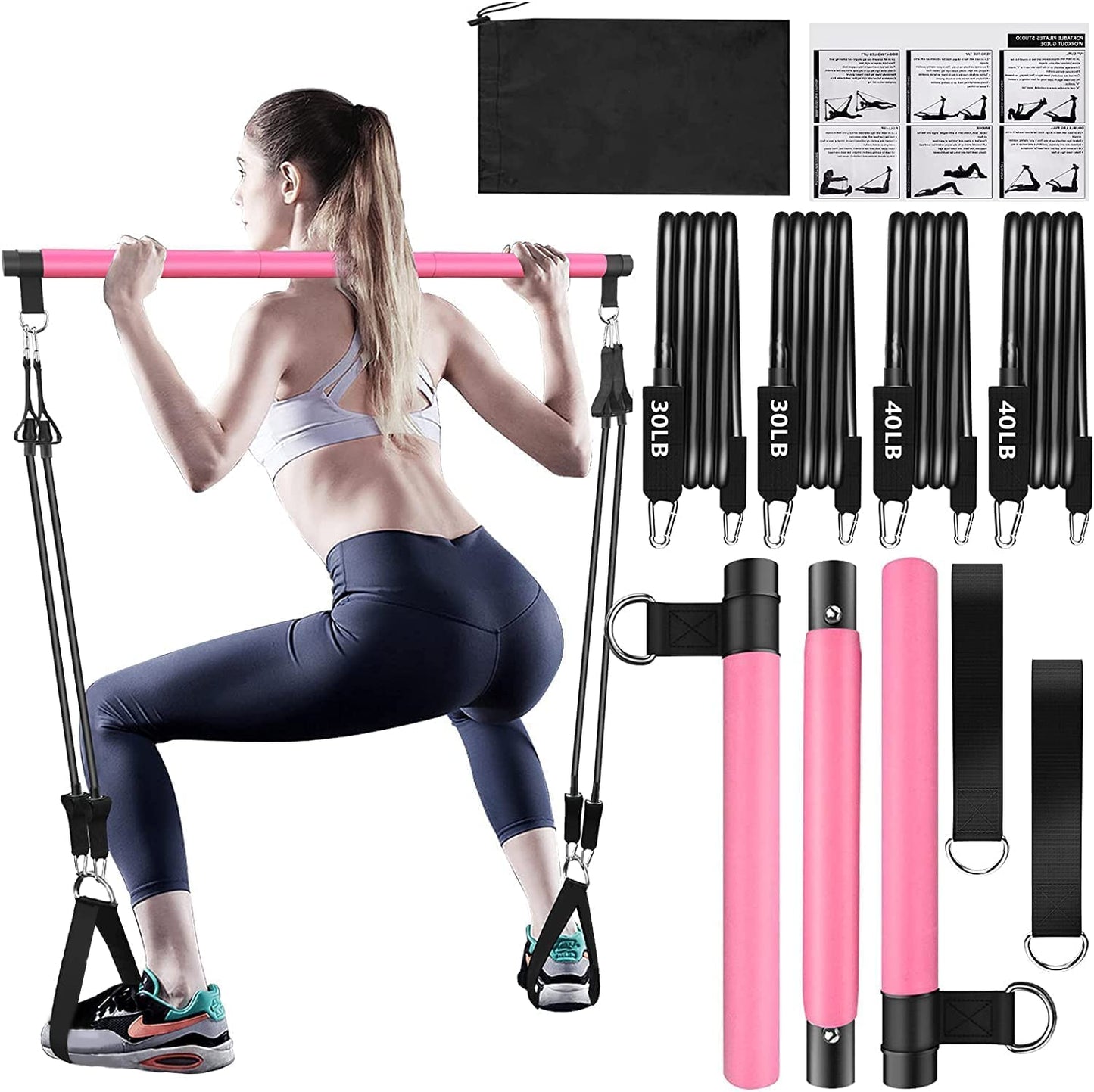 Pilates Bar Kit with Resistance Bands,Pilates Bar with Stackable Bands Workout Equipment for Legs,Hip,Waist and Arm,Exercise Fitness Equipment for Women & Men Home Gym Yoga Pilates