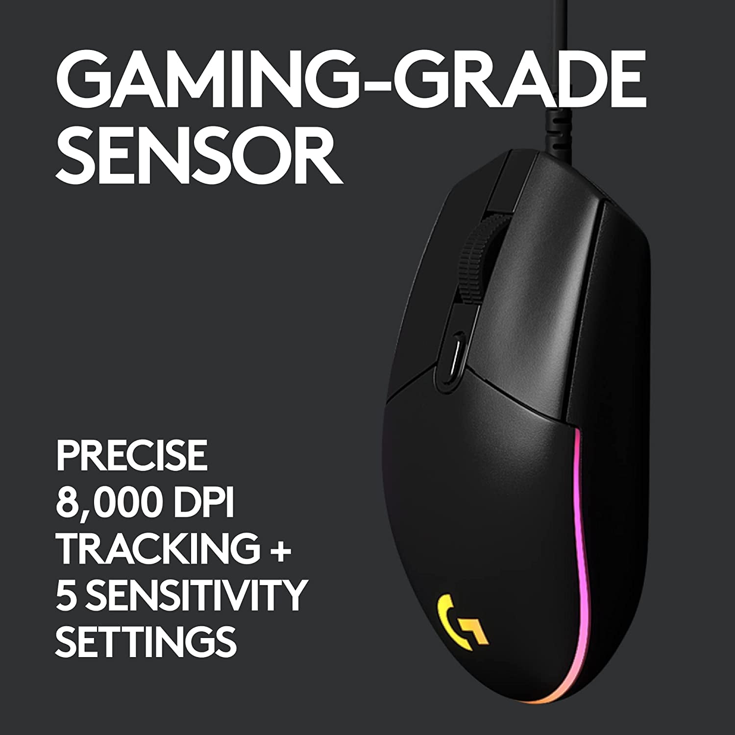 203 Wired Gaming Mouse, 8,000 DPI, Rainbow Optical Effect LIGHTSYNC RGB, 6 Programmable Buttons, On-Board Memory, Screen Mapping, Pc/Mac Computer and Laptop Compatible - Black