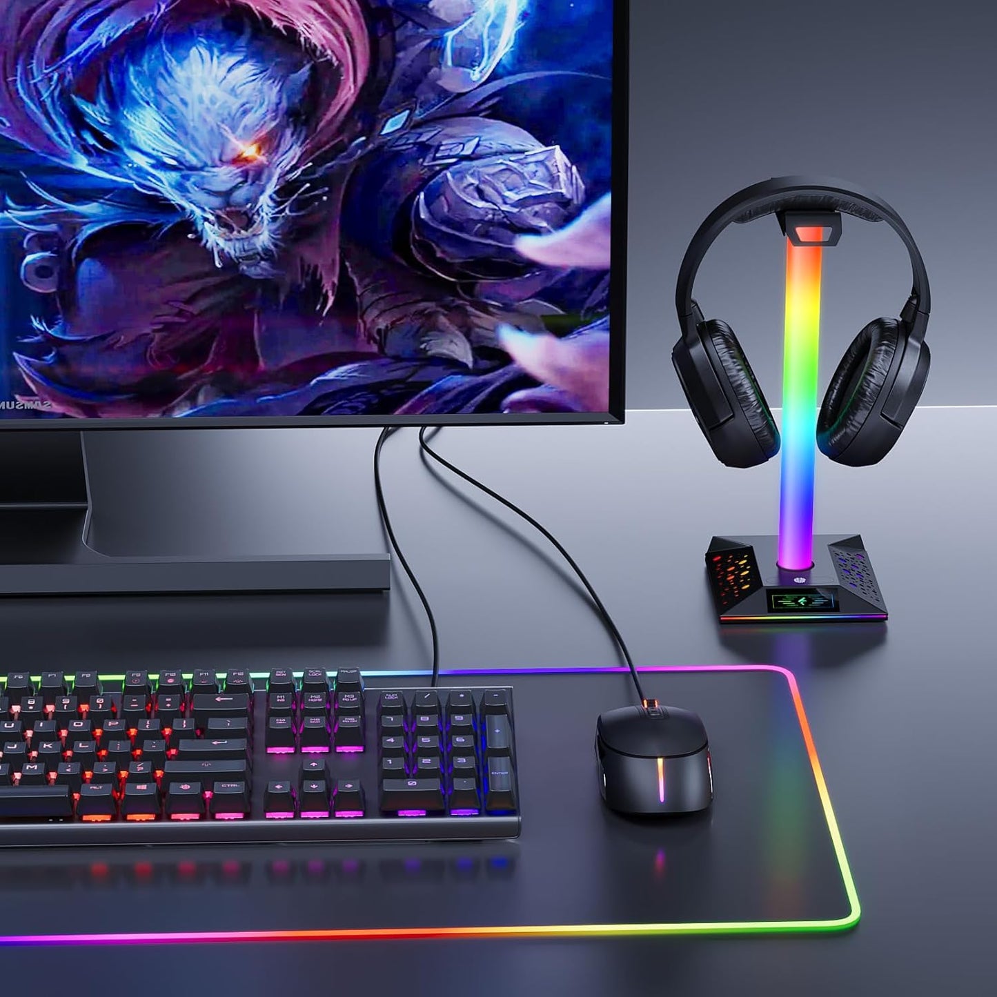 Gaming Headphone Stand PC Accessories - RGB Headset Stand with 2 USB Charger, Cool LED Headphone Holder PC Gaming Accessories Gift for Boys Men Gamers, Computer Game Hardware for Desk