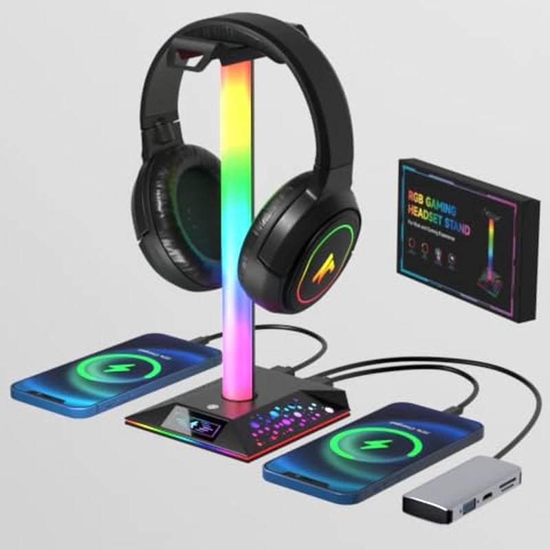 Gaming Headphone Stand PC Accessories - RGB Headset Stand with 2 USB Charger, Cool LED Headphone Holder PC Gaming Accessories Gift for Boys Men Gamers, Computer Game Hardware for Desk