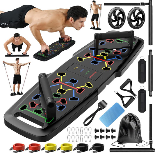 Push up Board,Home Gym,Portable Exercise Equipment,Pilates Bar and 20 Fitness Accessories with Resistance Bands and Ab Roller Wheel,Full Body Workout at Home