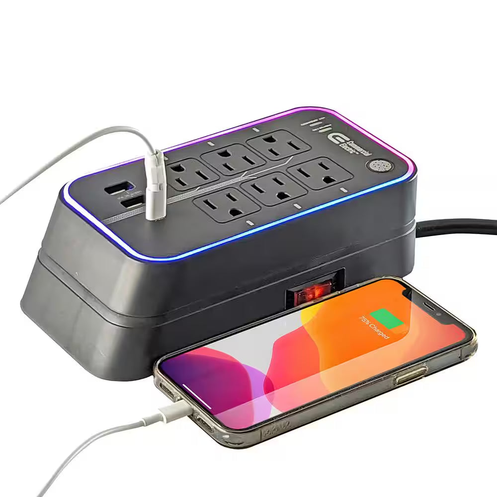 6 Ft. 6-Outlet RGB Gaming Surge Protector with 2 USB and 1 USB-C