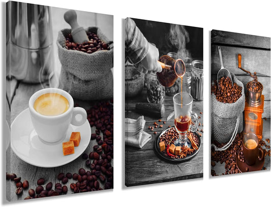 Coffee Bean Coffee Cup Wall Decor Kitchen Pictures - Coffee Decor Canvas Wall Art - Framed Posters Paintings Dining Room Decor