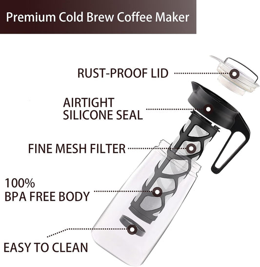 Cold Brew Coffee Maker, Iced Coffee Maker Tea Brewer Leak-Proof with Removable Mesh Filter for Iced Coffee Cold Brew Tea, 2QT(68 Oz/2000Ml)