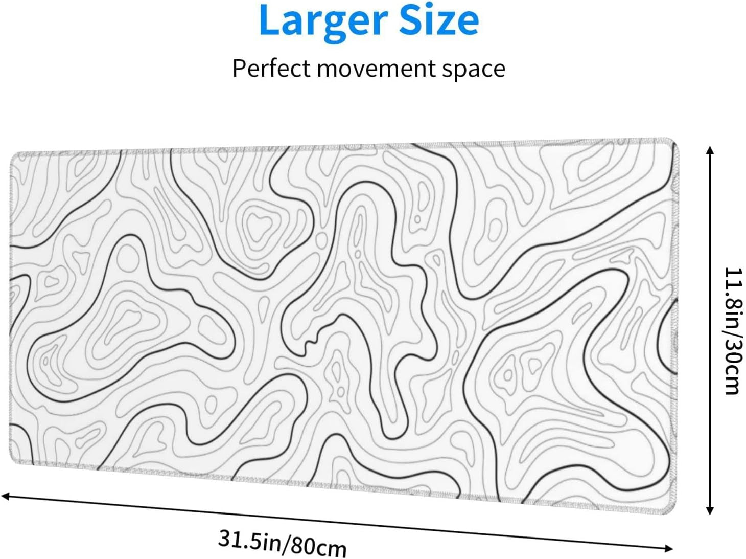 Abstract Topographic Map White Grey Black Gaming Mouse Pad Long Mouse Pad Large Desk Mat 31.5 X 11.8 Inch Mousepad with Non-Slip Base Stitched Edge Keyboard Mat for Gaming Office