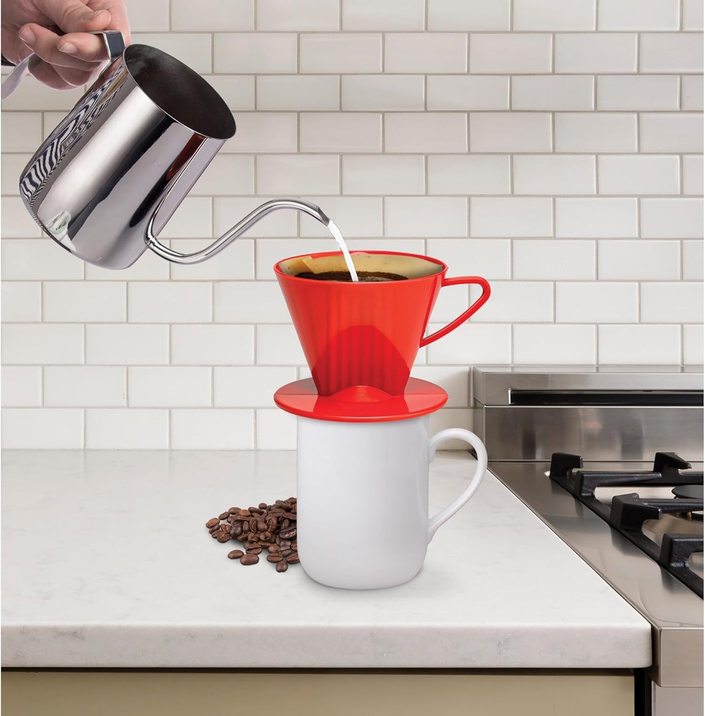 Pour-Over Coffee Brewing Filter Cone, Number 2-Size, Red, Brews 2 to 6-Cups