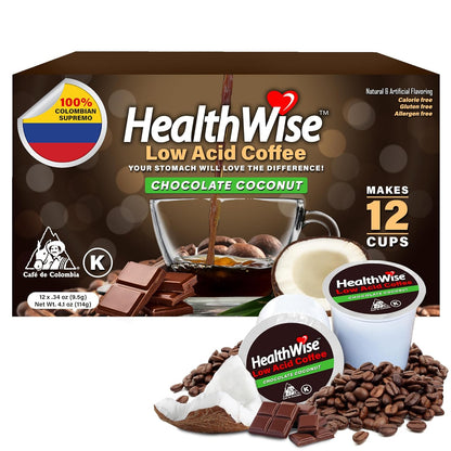 Low Acid Coffee K-Cups - Soothe Acid Reflux & Heartburn, Gentle on Sensitive Stomachs, Eases Digestive Discomfort - Chocolate Coconut Flavor - 12 Count (Pack of 1)